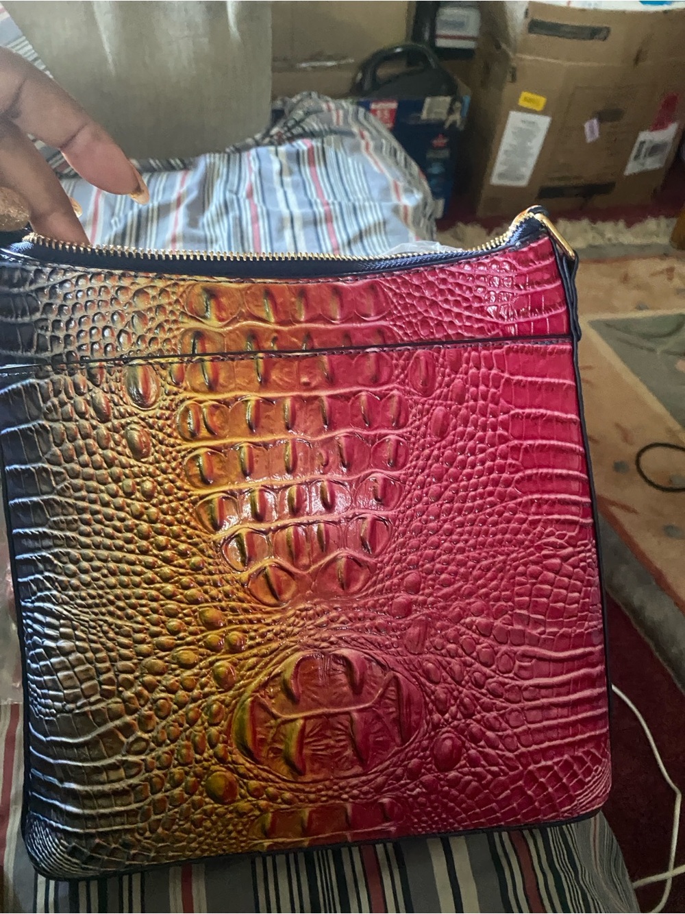 Ombre Croc-Embossed Crossbody Bag in Pink and Gold